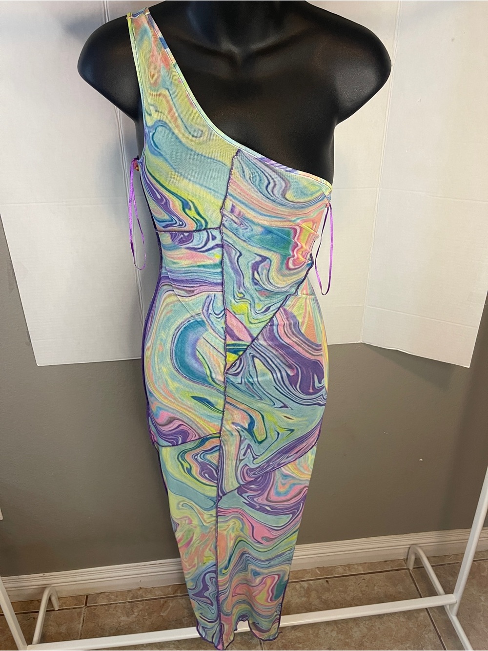 Pastel Marble One-Shoulder Maxi Dress